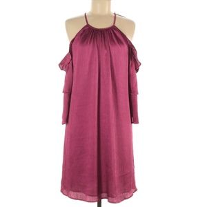 Skies are Blue Dark Rose Satin Cold Shoulder RuffleLong Sleeve Mini Dress Medium